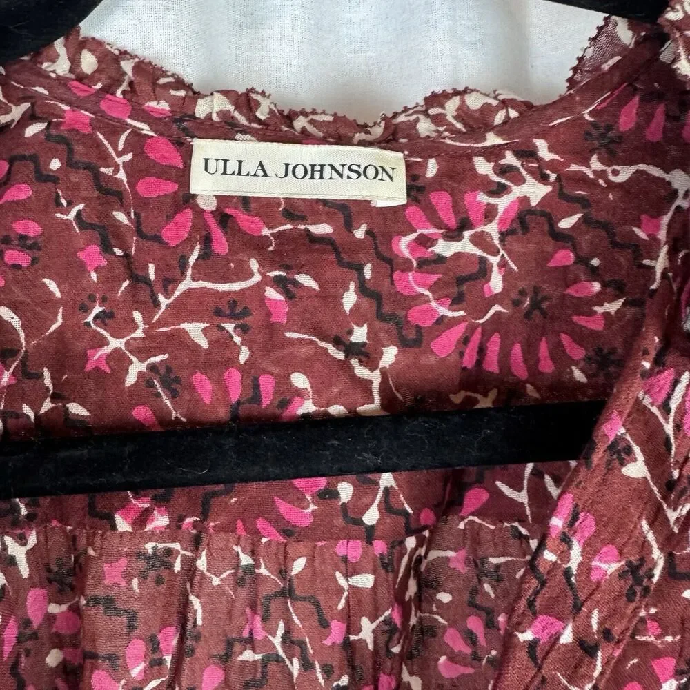 Ulla Johnson Lillian Burgundy Red Floral Puff Sleeve Ruffle Tassel Top Size 2
